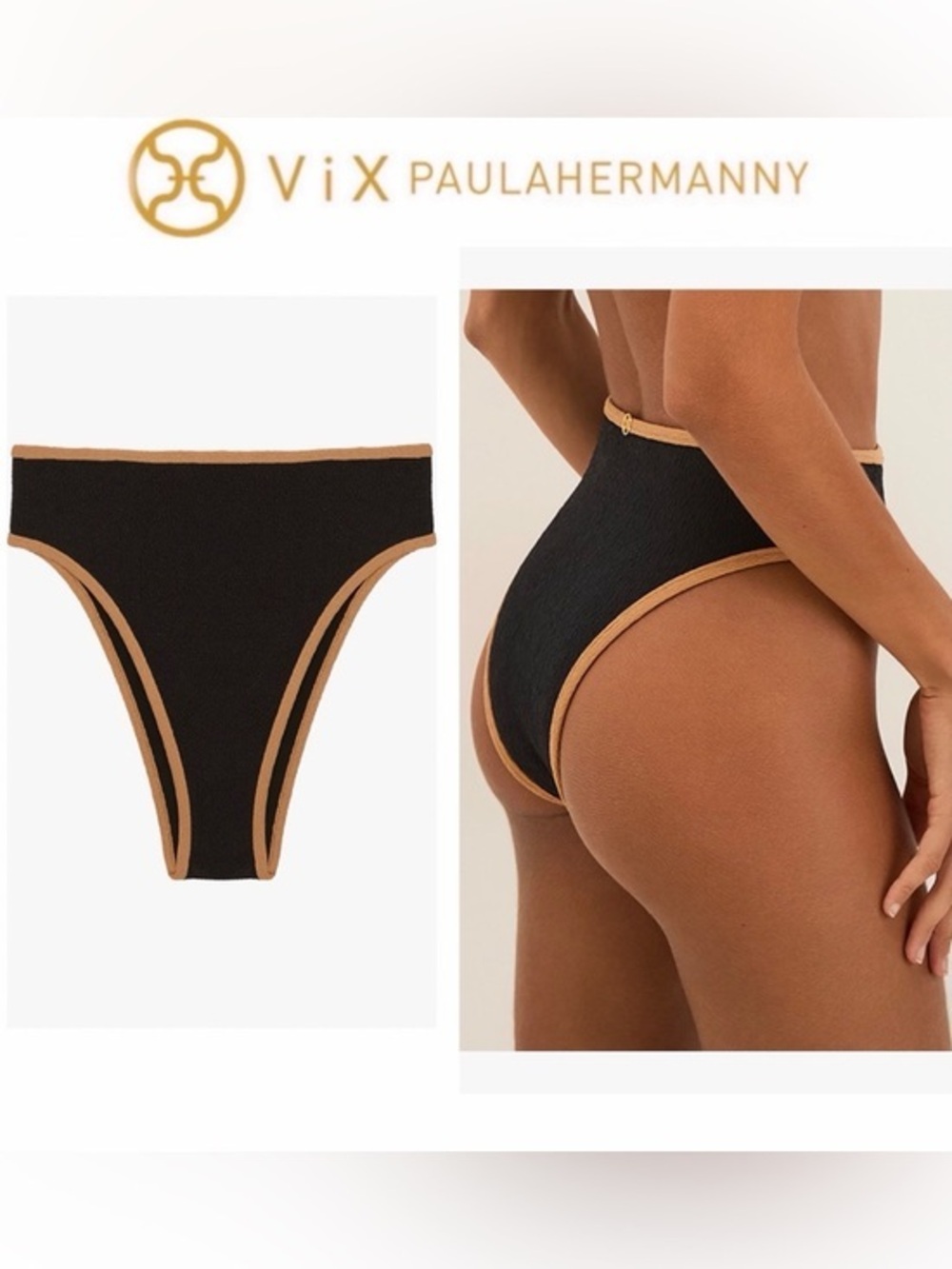 ViX Paula Hermanny Black Firenze Lily Gigi Hot Pant Bikini Bottom Tan Trim L NWT